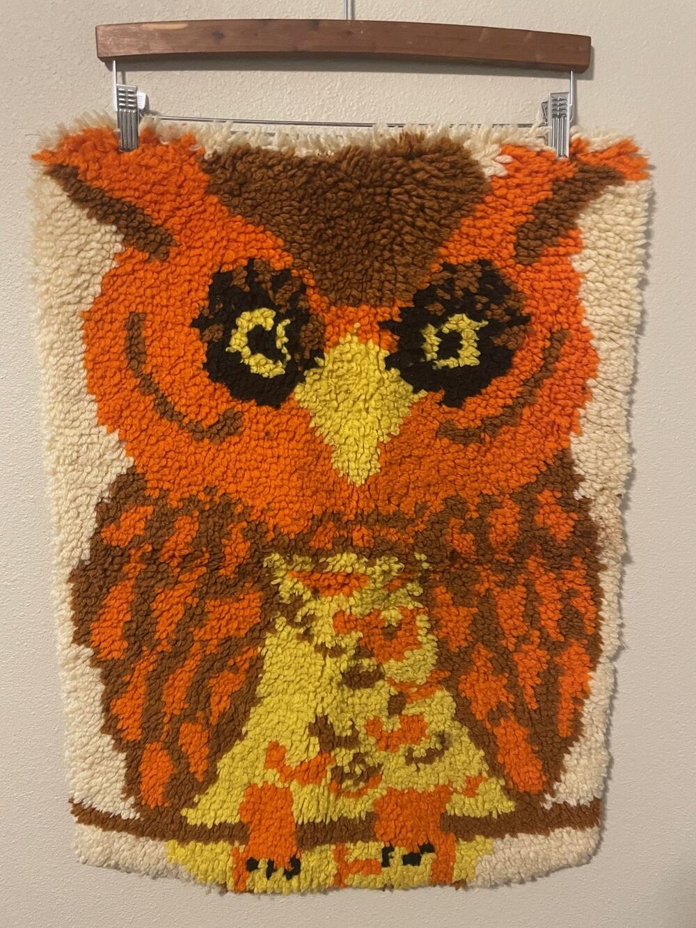 Vintage Handmade Latch Hook Owl Wall Hanging Shag Orange Brown Retro 70s Boho